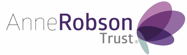 Anne Robson Trust logo with overlapping purple, blue, and grey shapes forming a butterfly on the right. - Home Instead