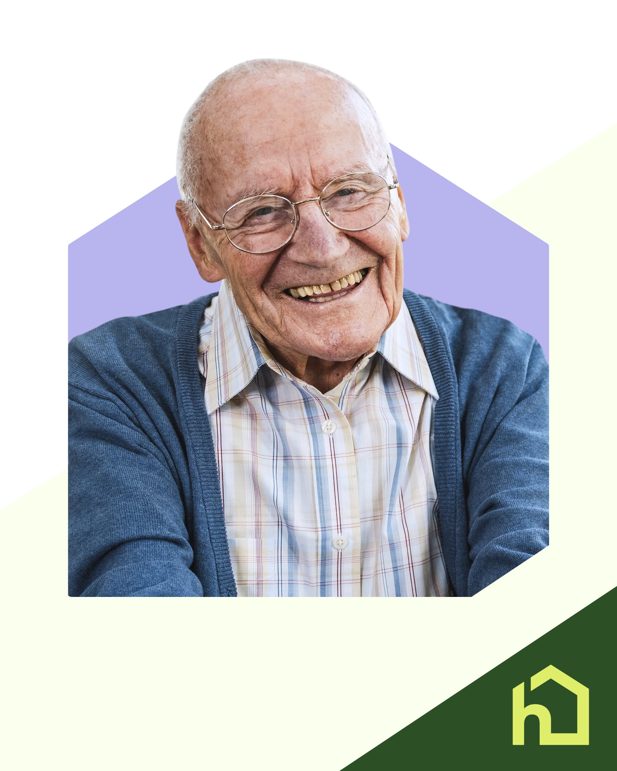 Smiling elderly man in glasses and a blue sweater, with a green house-shaped logo in the corner. - Home Instead