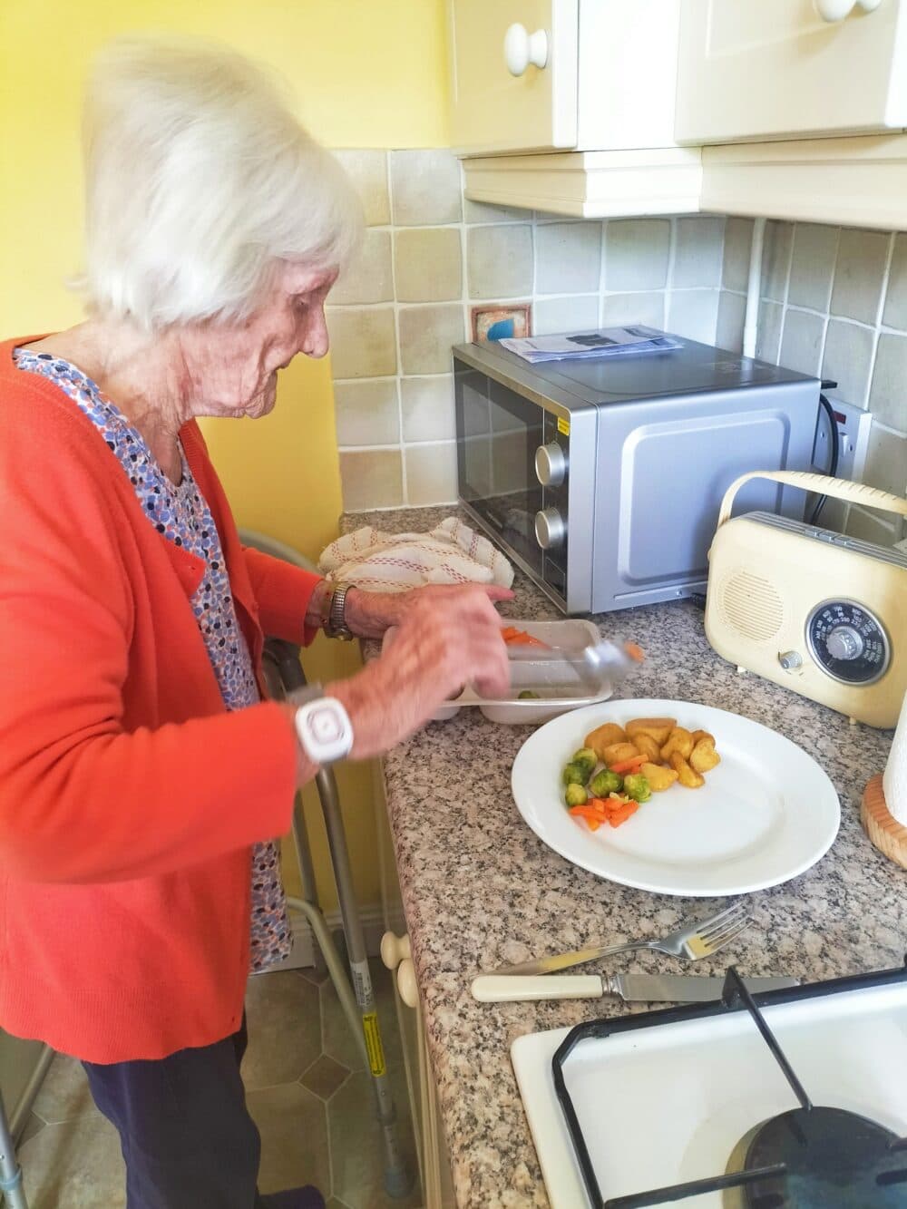 Elderly woman in a kitchen pours gravy onto a plate of potatoes and vegetables. - Home Instead