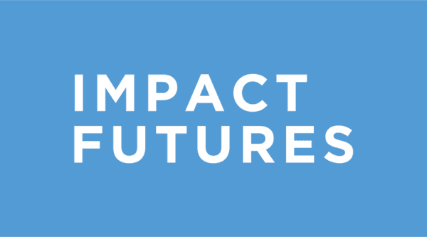 Text "IMPACT FUTURES" in white, bold font centered against a blue background. - Home Instead