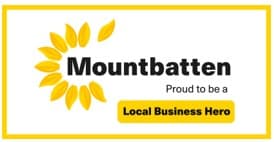 Mountbatten logo with yellow leaves and text: "Proud to be a Local Business Hero" in a yellow box. - Home Instead
