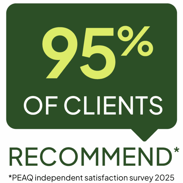 Green graphic stating "95% of clients recommend" with a note about a 2025 PEAQ satisfaction survey. - Home Instead