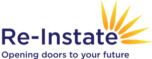 Re-Instate logo with a sunburst graphic and the tagline "Opening doors to your future" underneath. - Home Instead