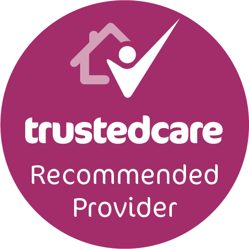 Purple badge with a house and checkmark symbol, stating "trustedcare Recommended Provider". - Home Instead
