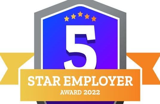 A 5-star employer award badge for 2022 with a blue shield, five stars, and a yellow ribbon. - Home Instead