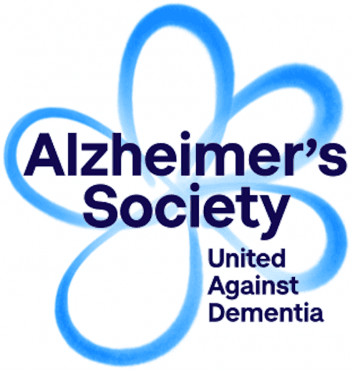 Logo of Alzheimer's Society with a blue flower design and the text "Alzheimer's Society, United Against Dementia. - Home Instead