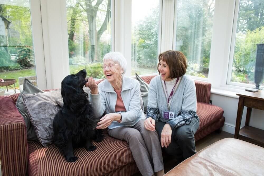 An elderly woman and a caregiver are sitting on a couch with a black dog, smiling and enjoying time together. - Home Instead