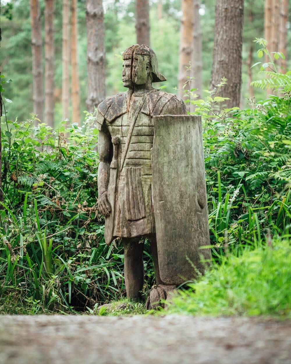 Wooden sculpture of a Roman soldier holding a shield, set in a forest with trees and green foliage in the background. - Home Instead