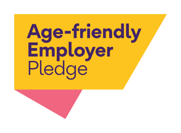 Yellow and pink geometric design with the text "Age-friendly Employer Pledge" in bold purple font. - Home Instead
