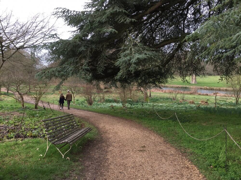 Home Instead picture of two people walking on a path through the gardens at The Vyne Riverside