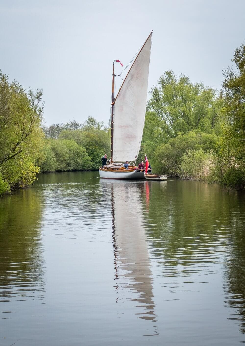 A sailboat with a tall, white sail floats on a calm river, surrounded by lush green trees and reflected in the water. - Home Instead