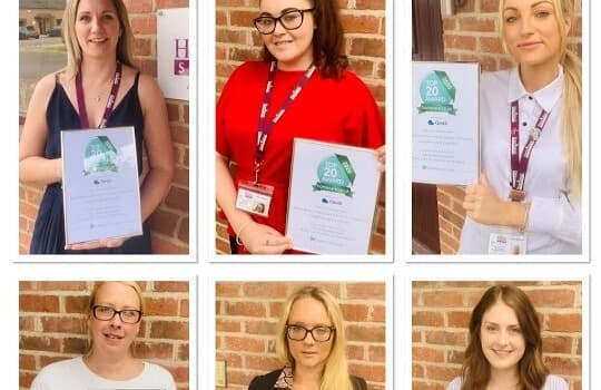 Six women holding awards or posing in front of a brick wall, with three in the top row and three in the bottom row. - Home Instead