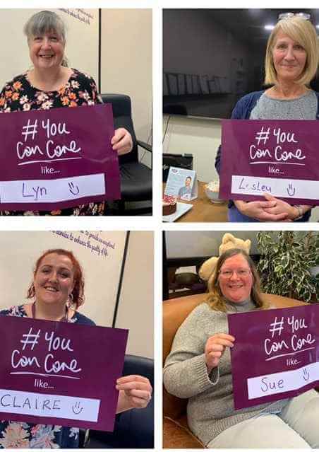 Four people smiling, each holding signs with handwritten messages: "Lyn," "Lesley," "CLAIRE," and "Sue," and the hashtag #YouCanCare. - Home Instead