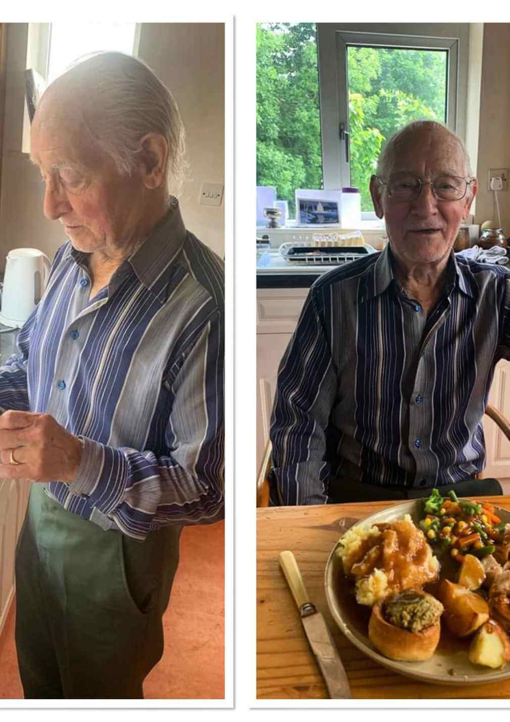 An elderly man in a striped shirt stands in a kitchen (left) and sits at a table with a meal (right). - Home Instead