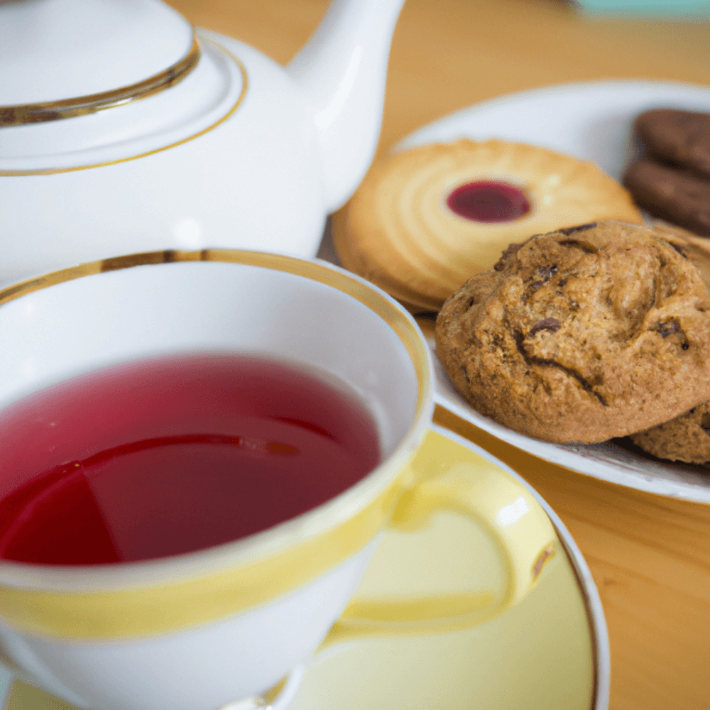 A cup of red tea beside a teapot, with various cookies on a plate in the background. - Home Instead