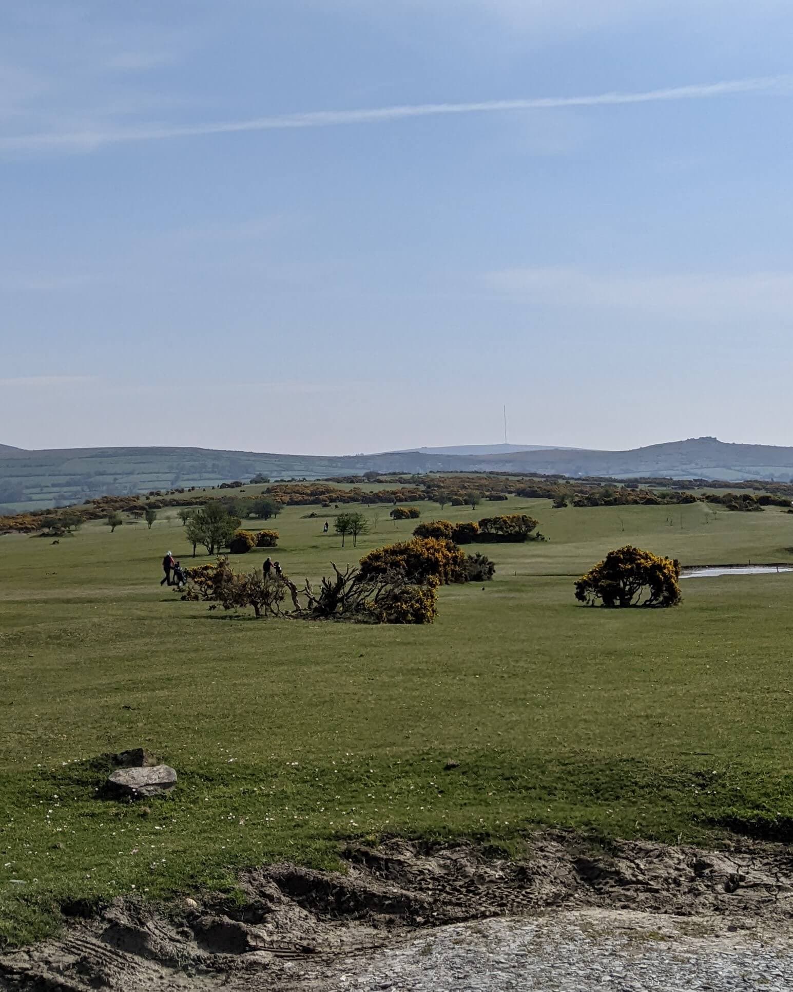 Rolling green landscape with scattered bushes, a distant pond, and hills under a clear blue sky. People are walking. - Home Instead