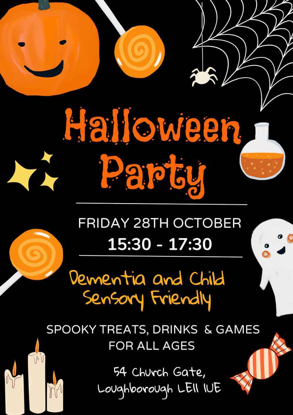Halloween Party flyer with pumpkins, spider web, and ghost decorations. Event on 28th October, 15:30-17:30 in Loughborough. - Home Instead
