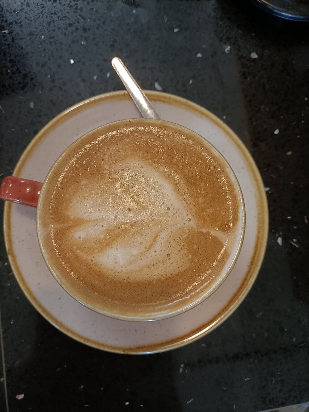A latte with foam art resembling a leaf pattern in a mug, placed on a saucer with a spoon. - Home Instead