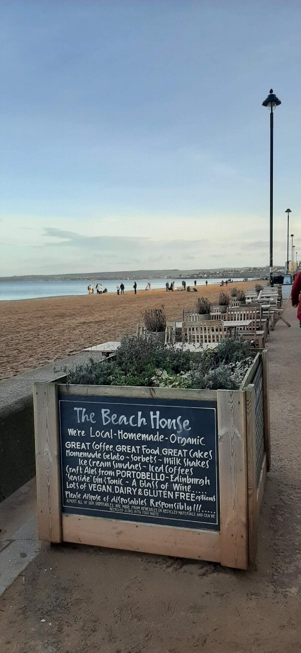 Beachfront café with wooden planters and sign promoting organic food and drinks. People walk along sandy shore in the distance. - Home Instead