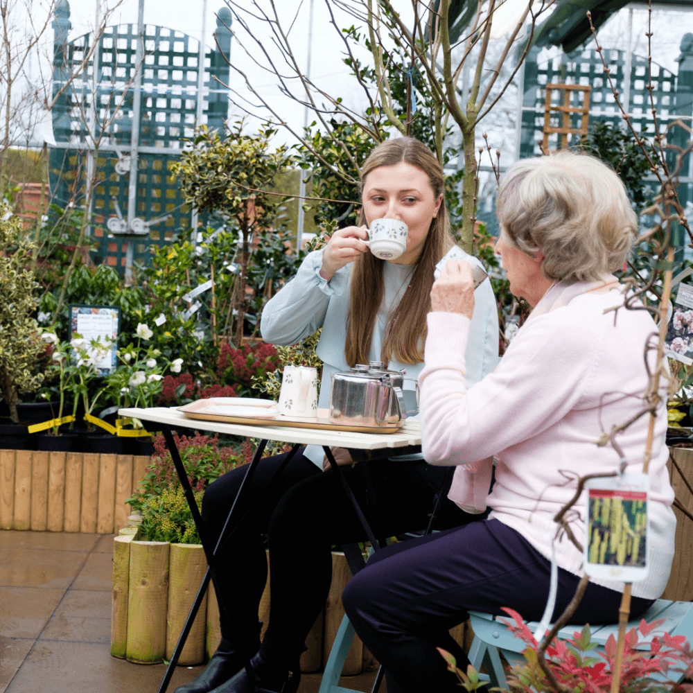 Two women enjoying tea outdoors in a garden, surrounded by various plants and blooms on a cloudy day. - Home Instead