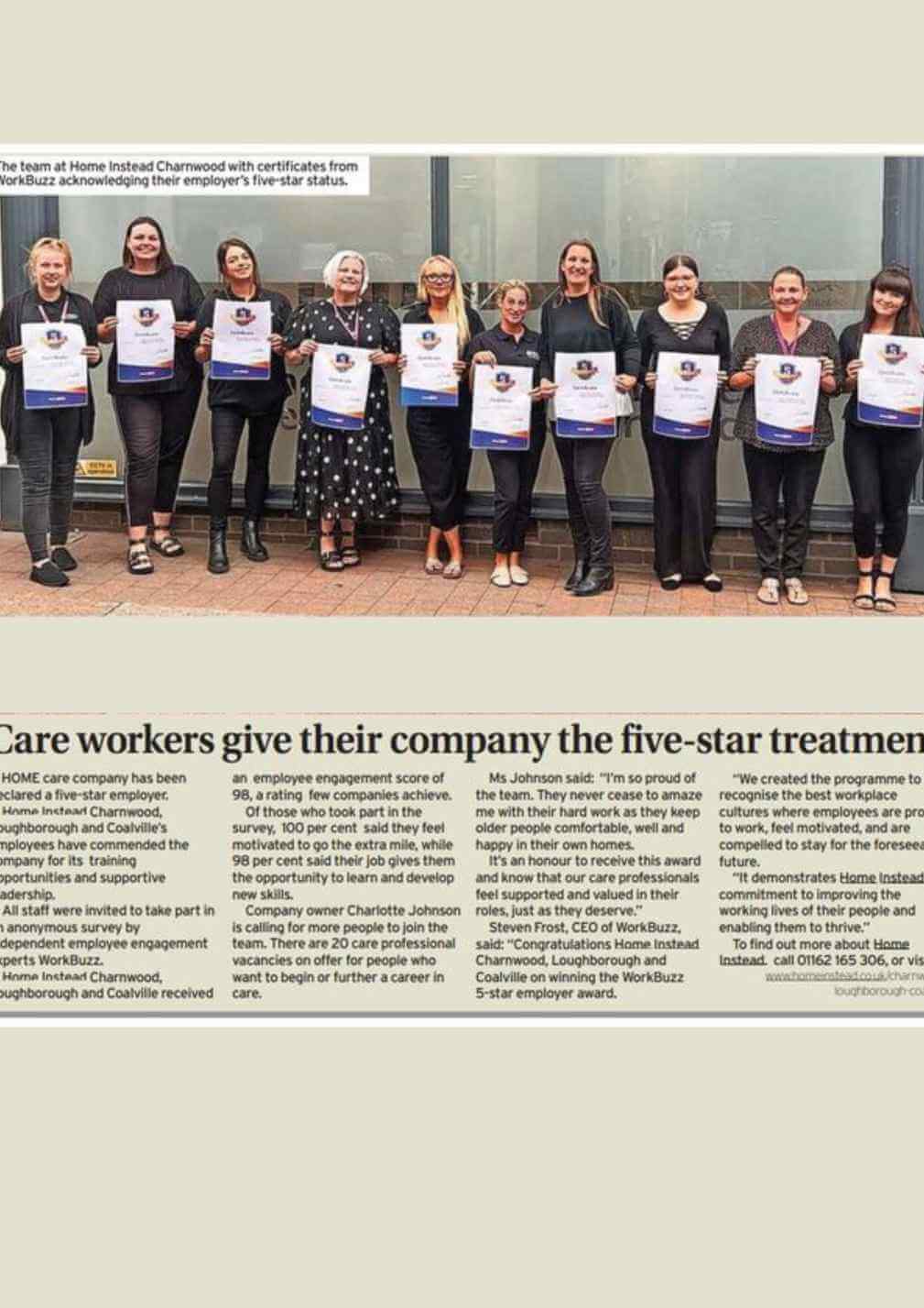 A group of people holding certificates in front of a building with a caption about their employer’s five-star status. - Home Instead