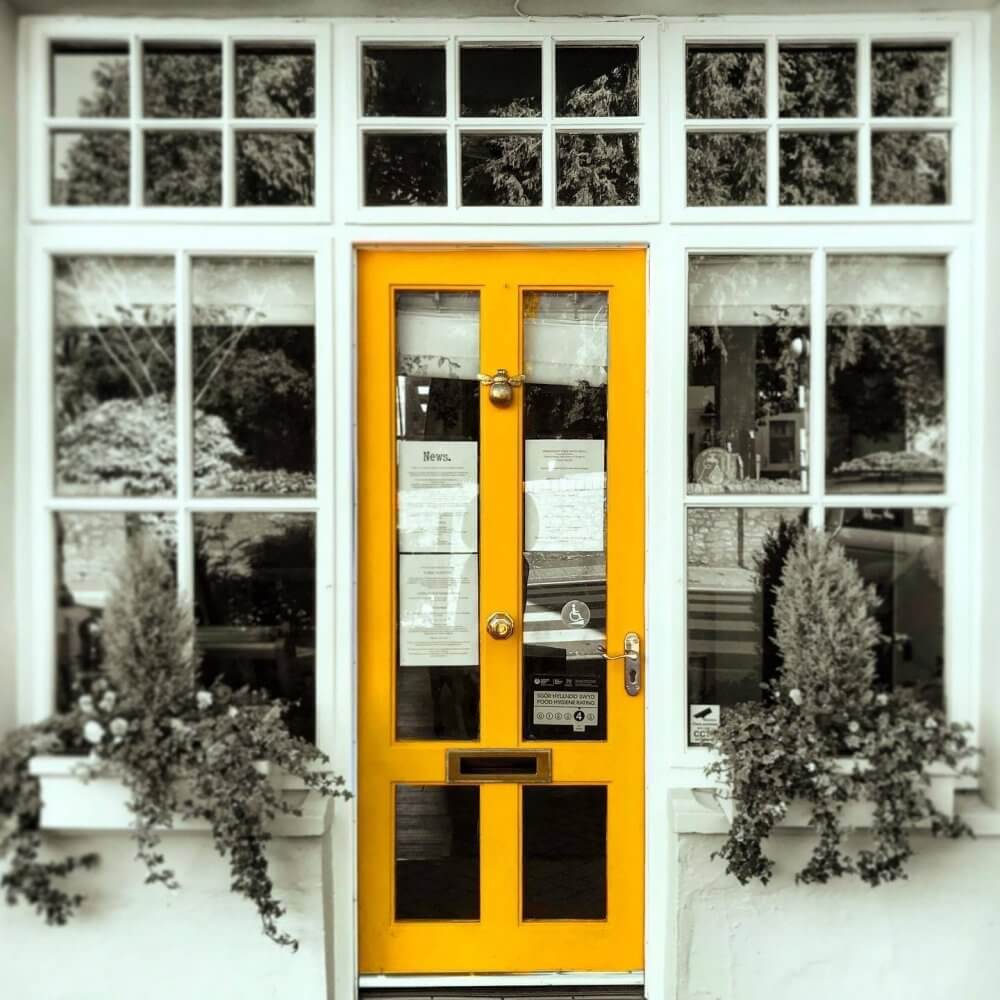 A yellow door with glass panels, surrounded by windows and potted plants on both sides in a white frame. - Home Instead