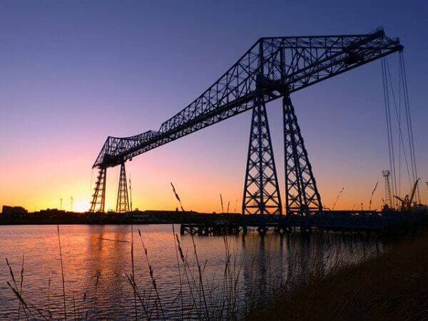 Middlesbrough's Transporter Bridge with a sunset behind.