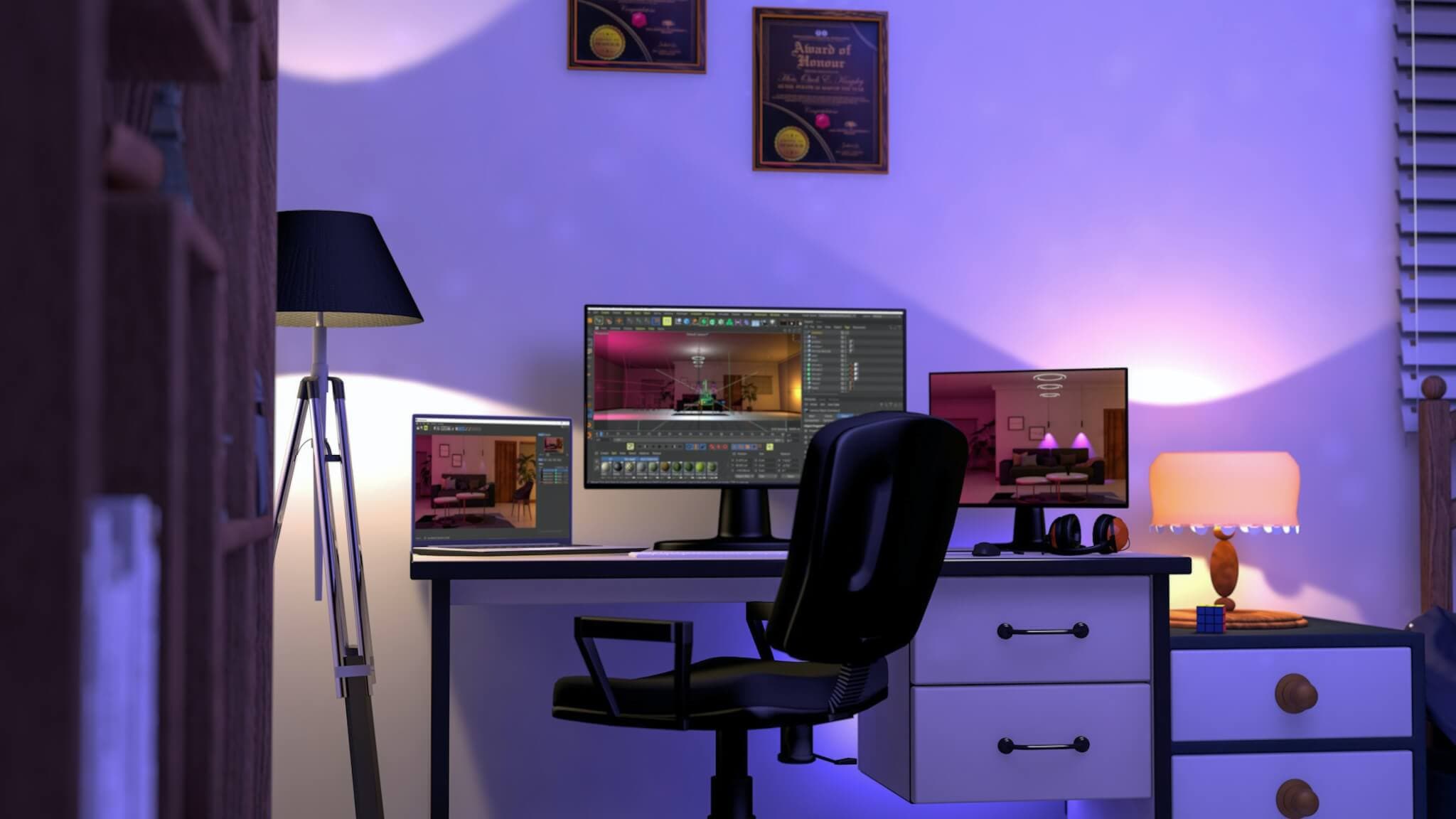 A home office setup with a computer, desk lamp, and awards on the wall, illuminated by purple and blue lighting. - Home Instead