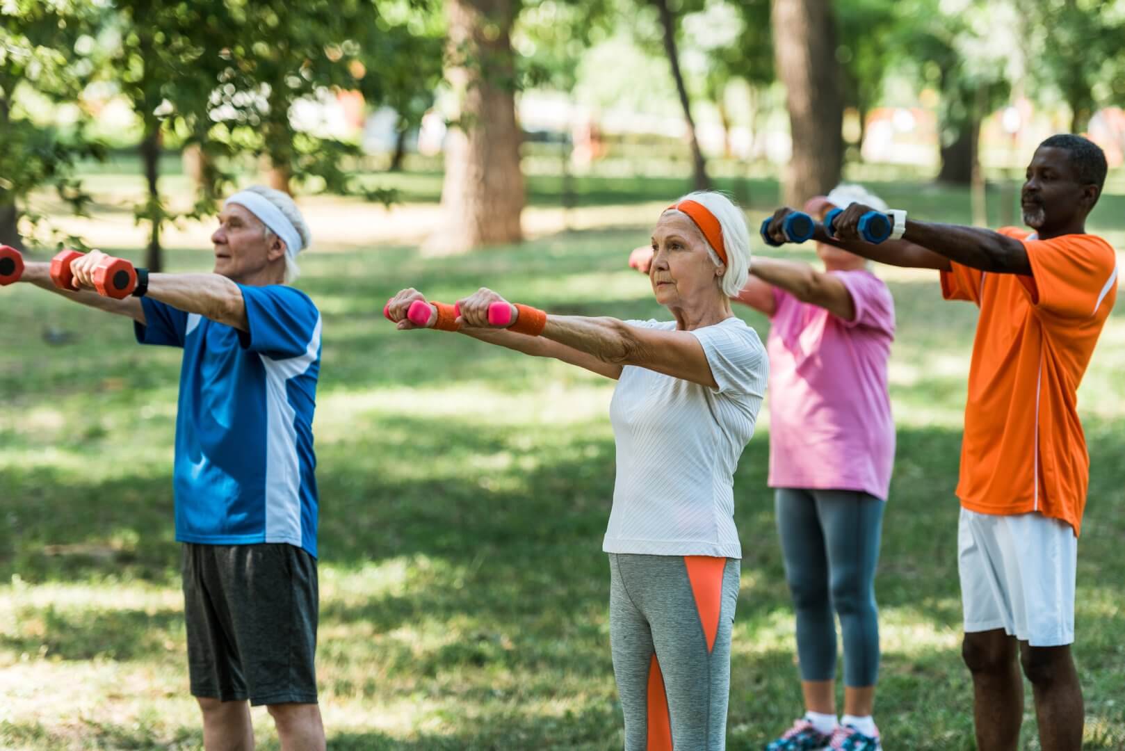 A group of seniors exercising with dumbbells in a park, lined up and lifting weights with outstretched arms. - Home Instead