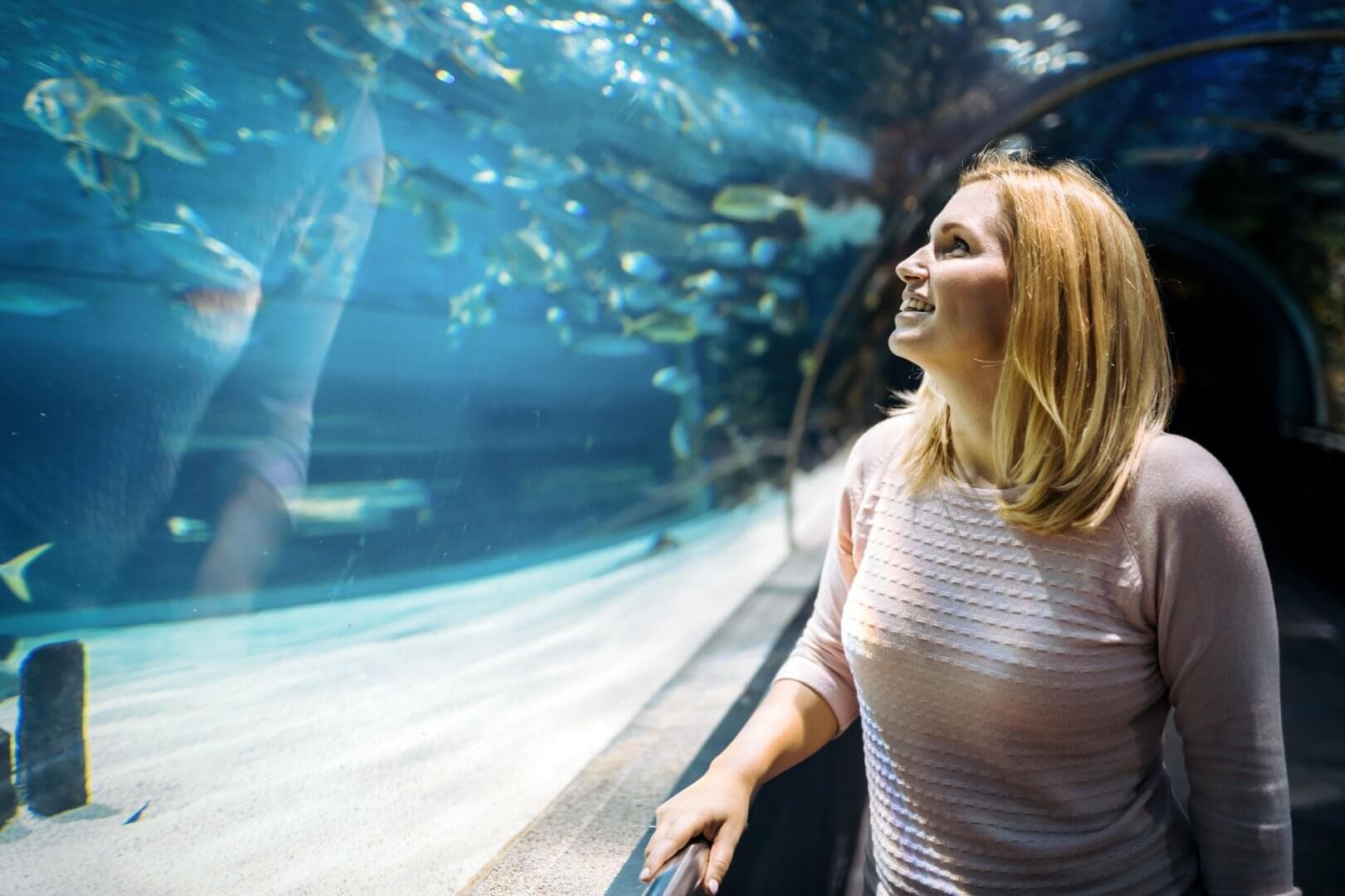 A woman smiles while looking at fish swimming in a tunnel aquarium. - Home Instead