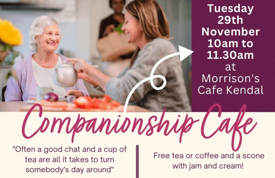 Two women smiling over tea with event details on the right side. Text reads, "Companionship Cafe," date, time, and location. - Home Instead