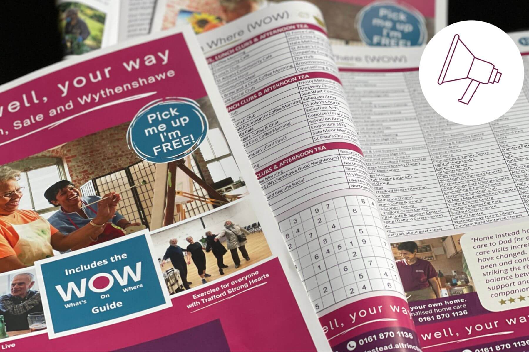 Open brochures with community schedules and events, and a megaphone icon in the top right corner. - Home Instead