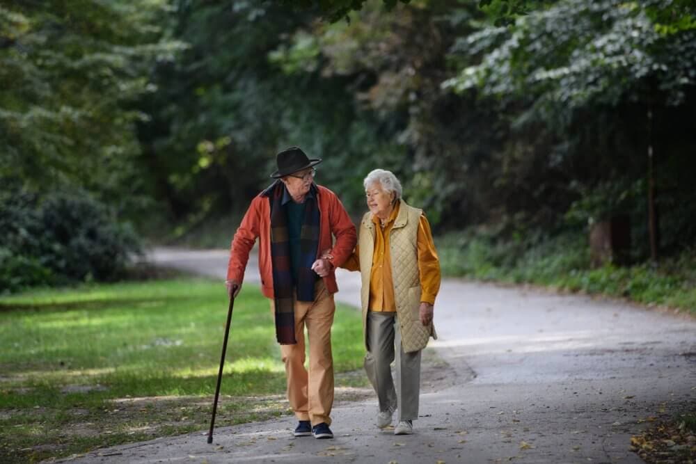 Elderly couple walking hand in hand on a tree-lined path, one with a cane. - Home Instead