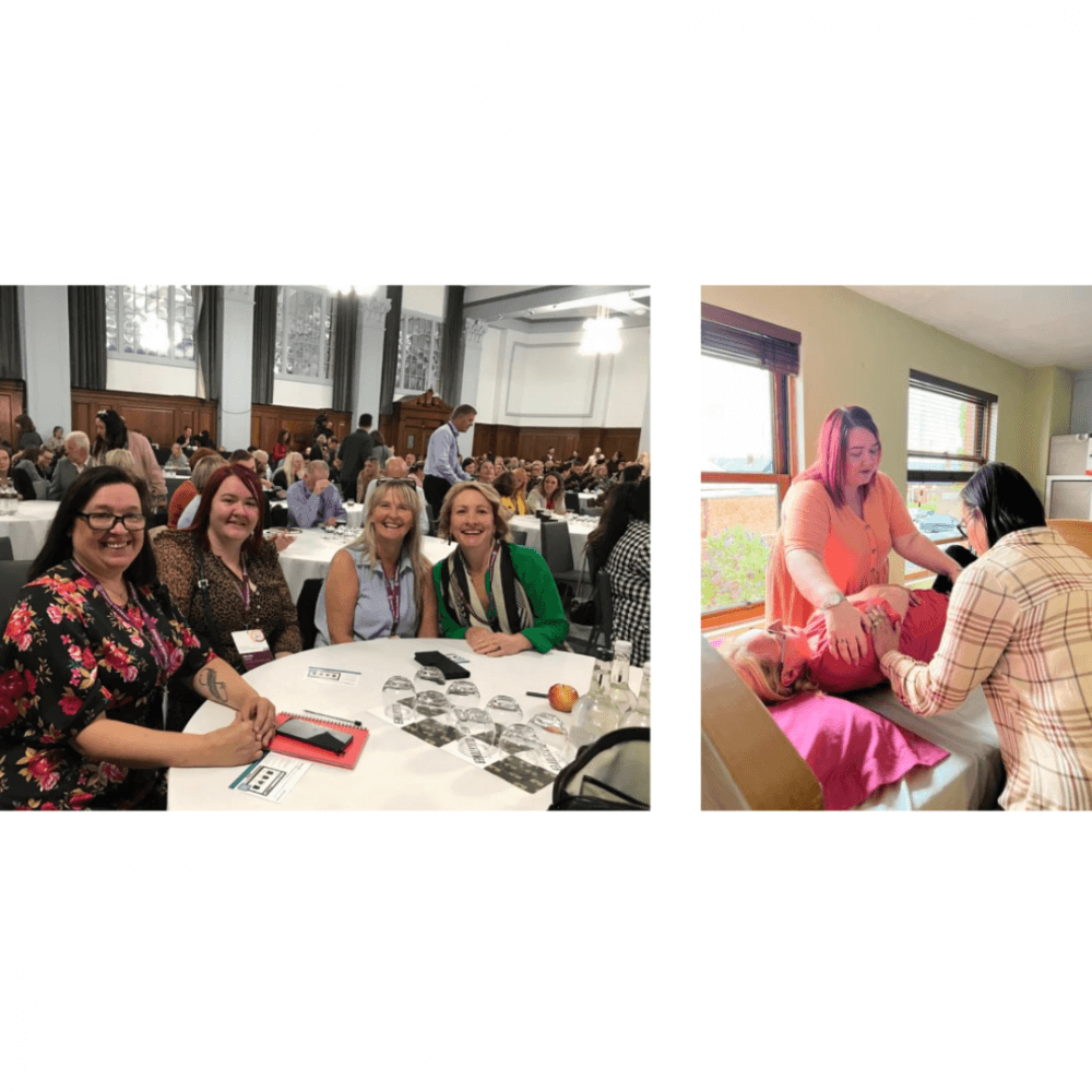 Left: Four women smiling at a conference table. Right: Two women assisting a person lying on a bed. - Home Instead
