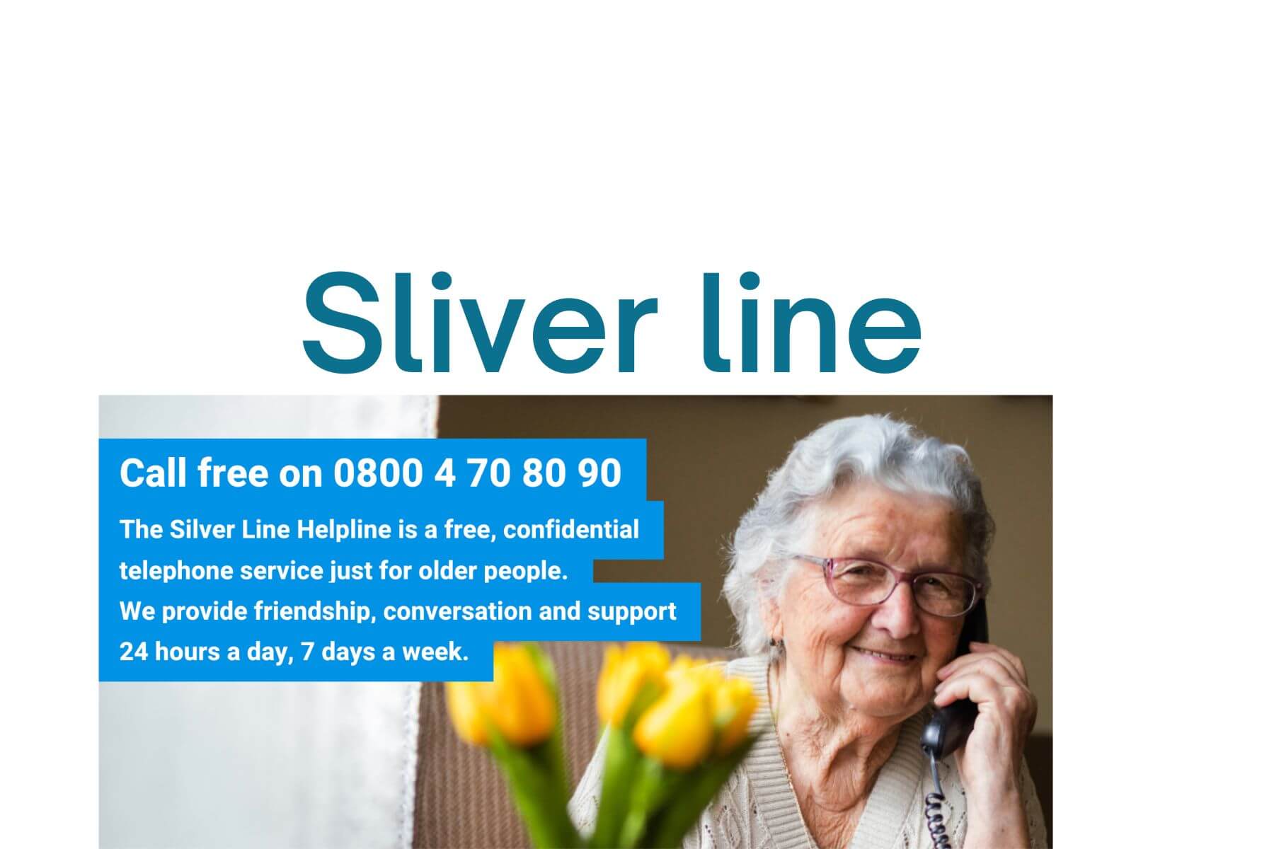 Elderly woman smiling while talking on the phone, promoting a confidential helpline service for older people. - Home Instead