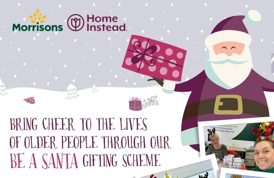 Santa holding a gift, with the logos of Morrisons and Home Instead. Text: "Bring cheer to the lives of older people. - Home Instead