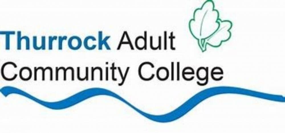 Logo of Thurrock Adult Community College with blue and black text and a green leaf graphic above a blue wave line. - Home Instead
