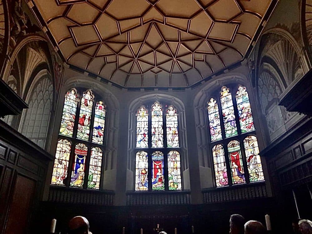 Home Instead Basingstoke picture of the chapel interior with intricate stained glass windows and a geometrically patterned ceiling, at The Vyne, Sherborne St John, near Basingstoke