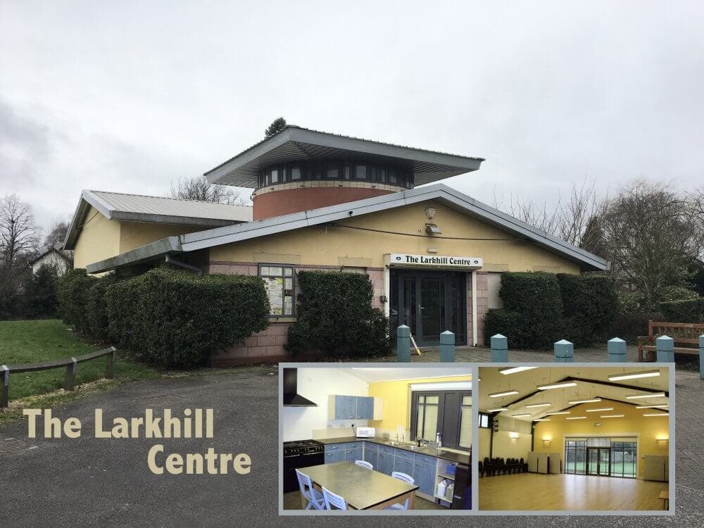 The Larkhill Centre's exterior with two insets showing a kitchen and a large hall with yellow walls and ceiling lights. - Home Instead