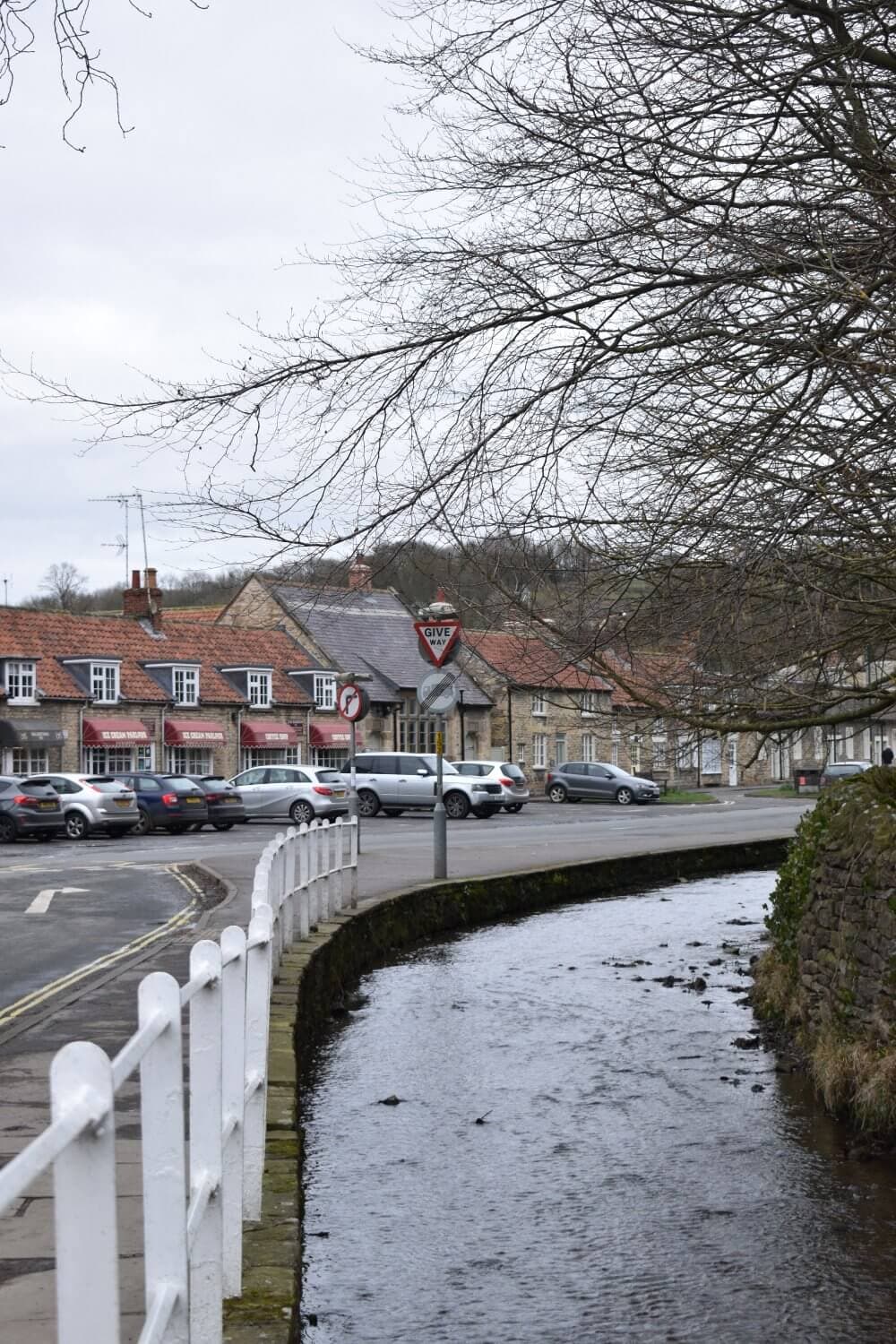 A quiet street lined with houses beside a small river, with cars parked along the road and bare trees overhead. - Home Instead