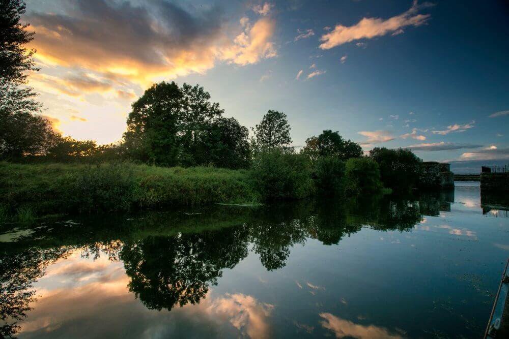 Sunset over a tranquil river with trees and clouds beautifully reflected in the calm water. - Home Instead
