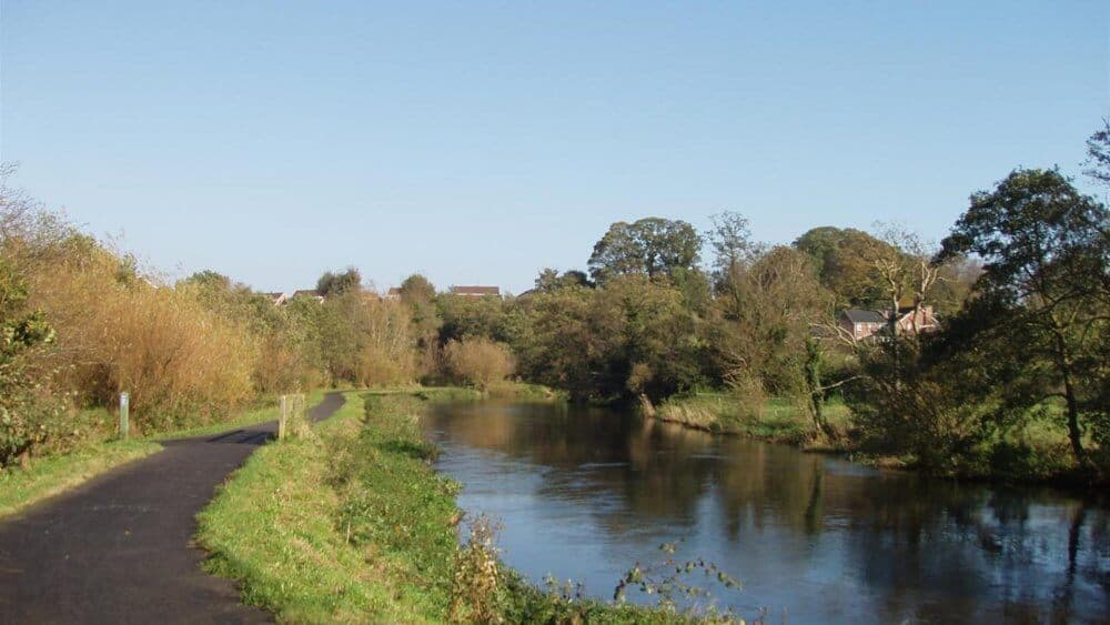 A paved path runs alongside a serene river surrounded by trees and greenery on a clear day. - Home Instead