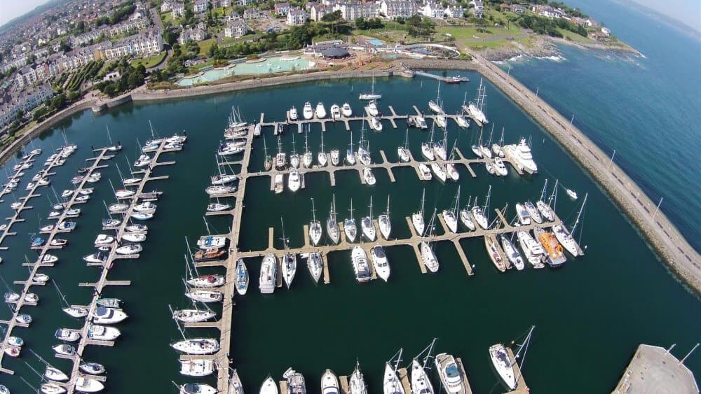 Aerial view of a marina with many docked boats, nearby buildings, greenery, and a coastline extending into the distance. - Home Instead