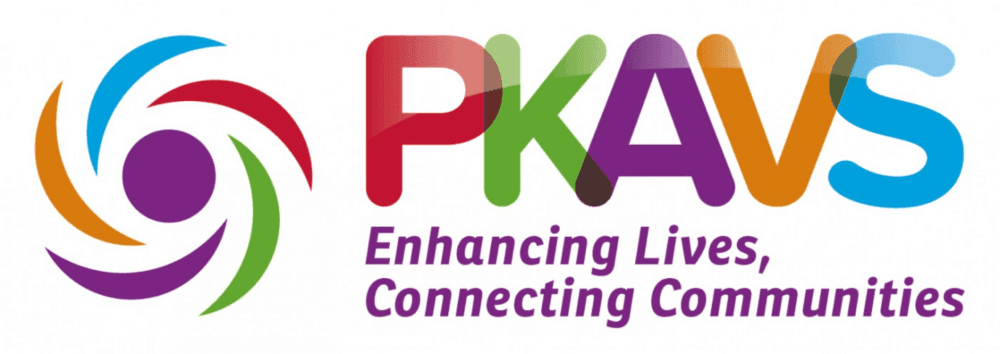 PKAVS logo with colorful text and swirl design, plus the tagline "Enhancing Lives, Connecting Communities. - Home Instead