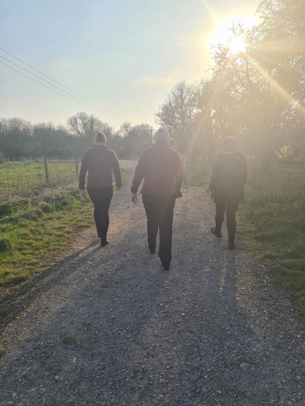 Four people are walking down a gravel path in a rural area, with the sun shining brightly overhead. - Home Instead