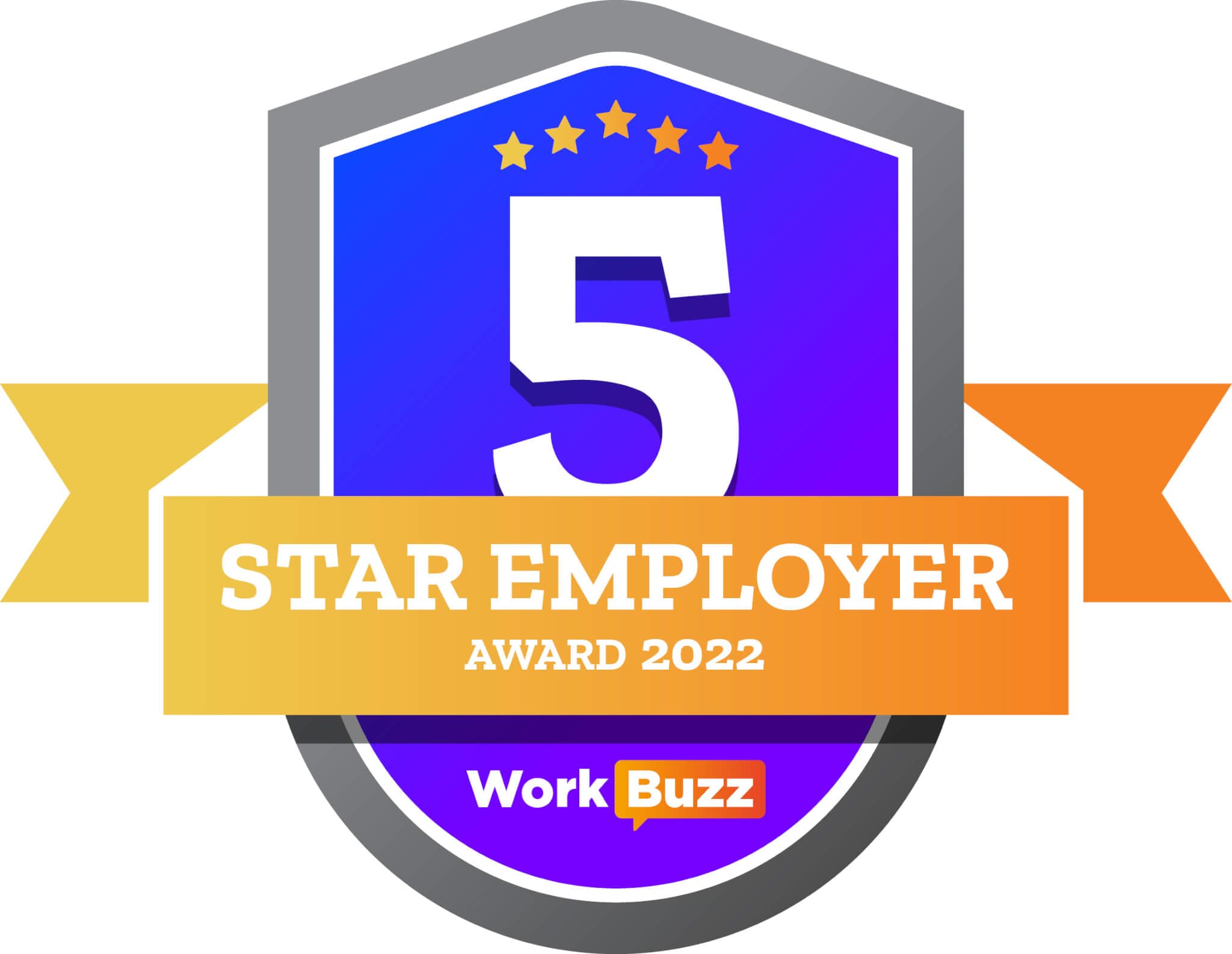 A blue and gray badge with "5 Star Employer Award 2022" and "WorkBuzz" in yellow text. - Home Instead