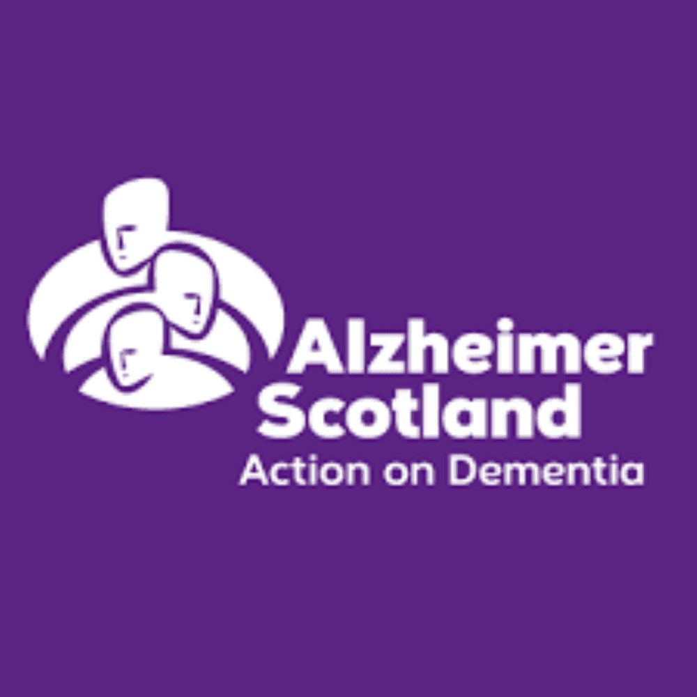 Alzheimer Scotland logo with three abstract human figures, the text reads "Alzheimer Scotland: Action on Dementia" on a purple background. - Home Instead