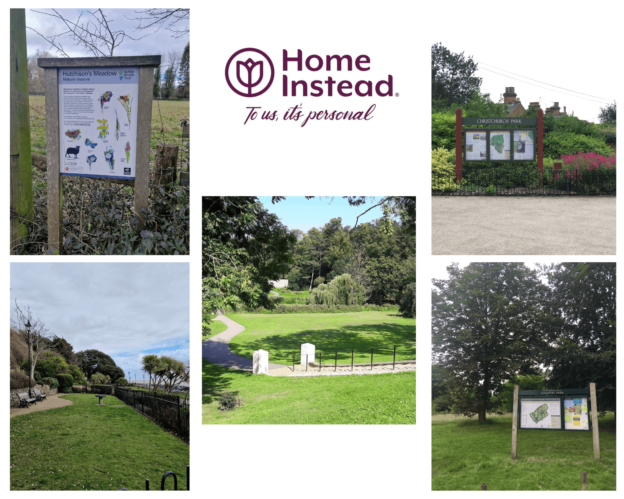 Collage with images of park signs, pathways, and green spaces; Home Instead logo with tagline "To us, it's personal. - Home Instead