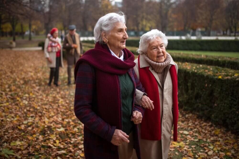 Two elderly women walking arm in arm in a park on an autumn day, with two others in the background. - Home Instead