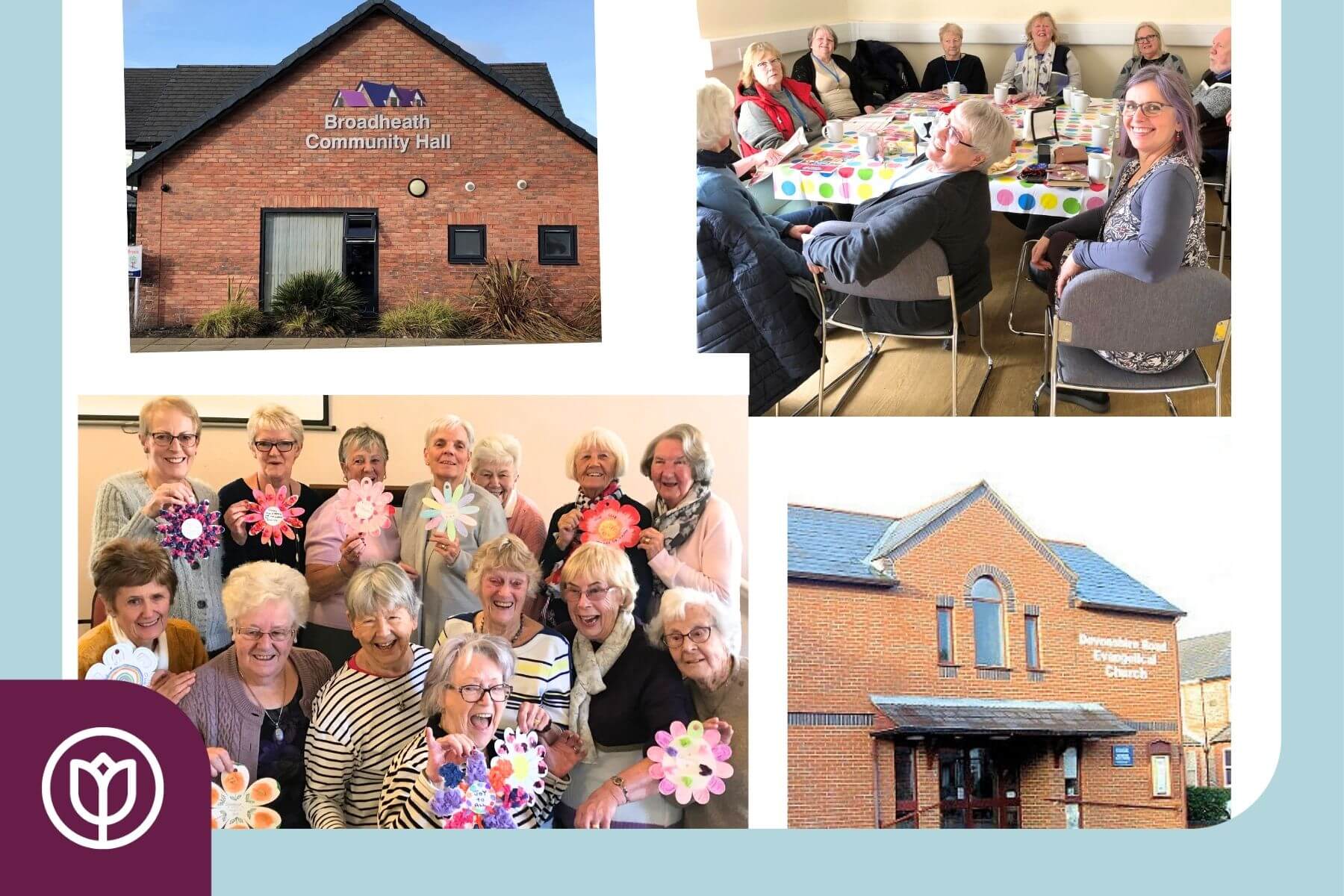 A group of older adults engaging in activities at Broadheath Community Hall and Emmanuel Church, smiling and crafting. - Home Instead